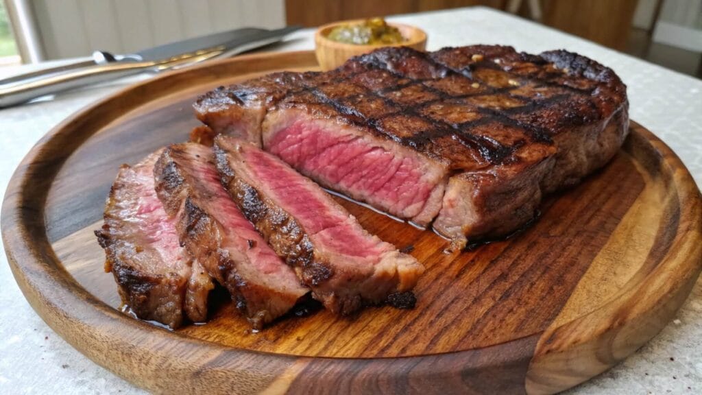 A perfectly cooked medium-rare steak on a wooden plate, with a few slices cut to reveal the pink, juicy interior. The steak has a charred, seared crust with grill marks, and a small bowl of sauce is visible in the background.