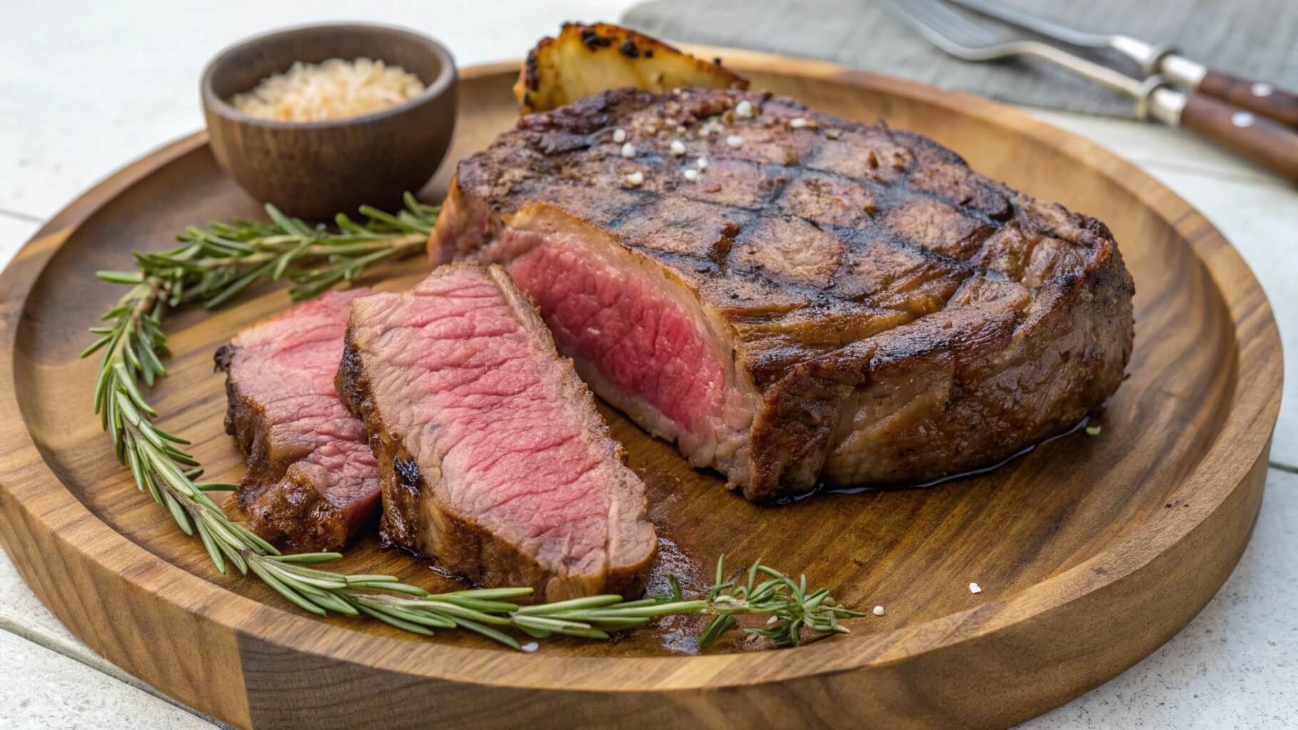 A perfectly cooked medium-rare steak on a wooden plate, with a few slices cut to reveal the pink, juicy interior. The steak has a charred, seared crust with grill marks, and a small bowl of sauce is visible in the background.