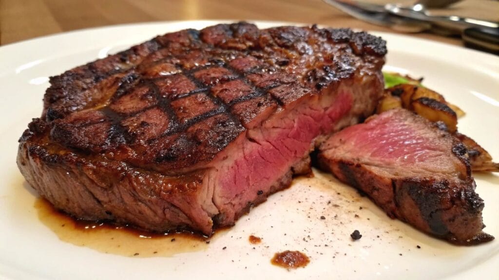 A perfectly cooked medium-rare steak on a wooden plate, with a few slices cut to reveal the pink, juicy interior. The steak has a charred, seared crust with grill marks, and a small bowl of sauce is visible in the background.