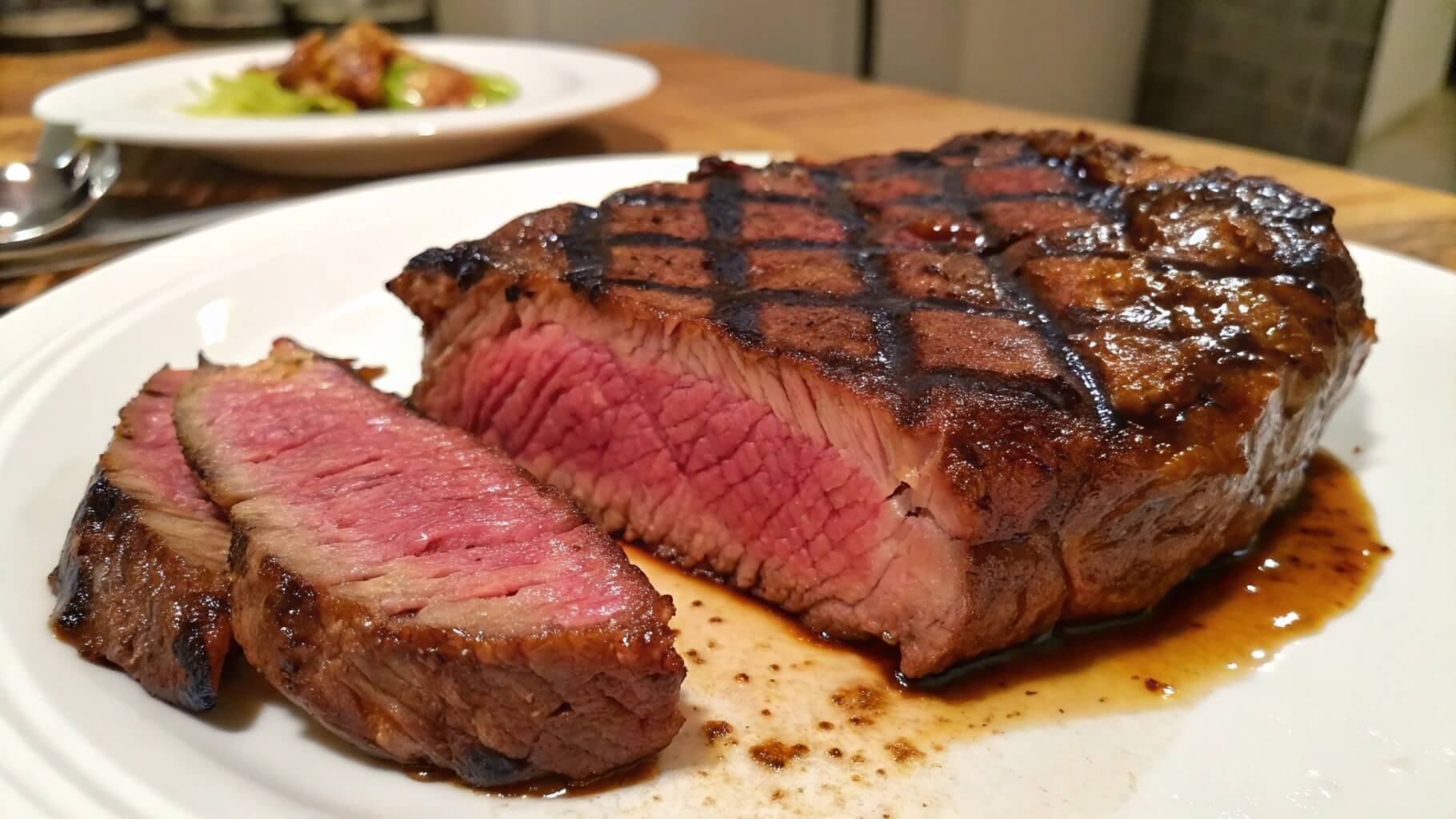 A perfectly cooked medium-rare steak on a wooden plate, with a few slices cut to reveal the pink, juicy interior. The steak has a charred, seared crust with grill marks, and a small bowl of sauce is visible in the background.