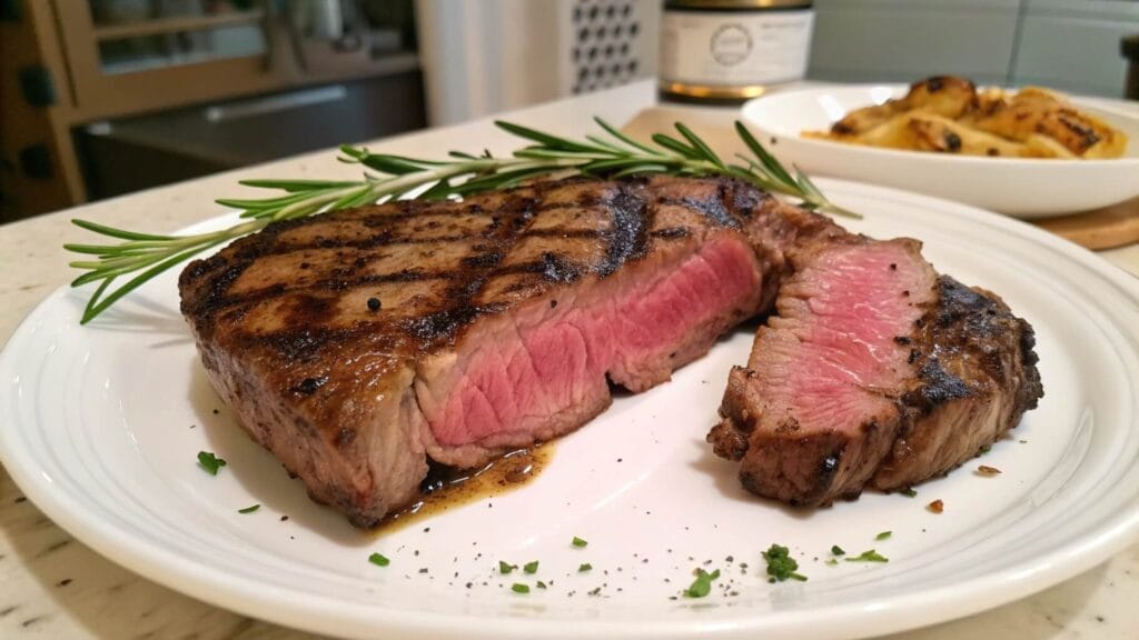 A perfectly cooked medium-rare steak on a wooden plate, with a few slices cut to reveal the pink, juicy interior. The steak has a charred, seared crust with grill marks, and a small bowl of sauce is visible in the background.