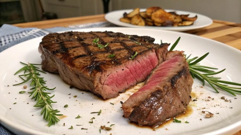 A perfectly cooked medium-rare steak on a wooden plate, with a few slices cut to reveal the pink, juicy interior. The steak has a charred, seared crust with grill marks, and a small bowl of sauce is visible in the background.