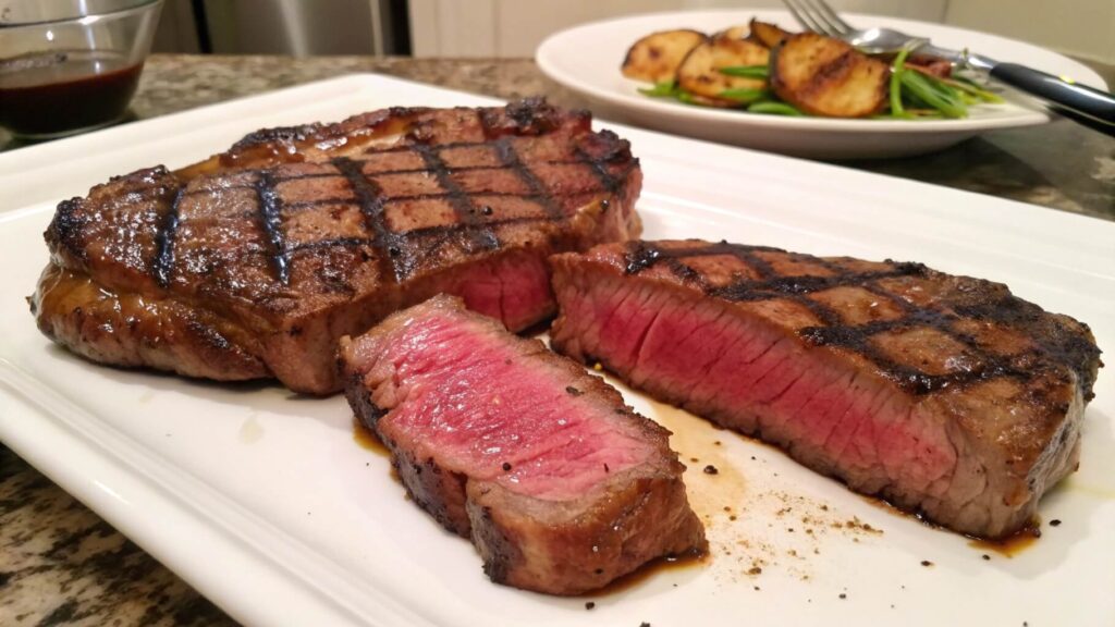 A perfectly cooked medium-rare steak on a wooden plate, with a few slices cut to reveal the pink, juicy interior. The steak has a charred, seared crust with grill marks, and a small bowl of sauce is visible in the background.