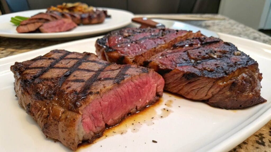 A perfectly cooked medium-rare steak on a wooden plate, with a few slices cut to reveal the pink, juicy interior. The steak has a charred, seared crust with grill marks, and a small bowl of sauce is visible in the background.