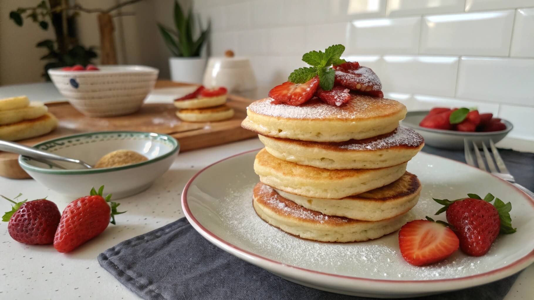 A stack of fluffy golden pancakes topped with butter and drizzled with maple syrup on a decorative plate, with a small bowl of blueberries in the background.