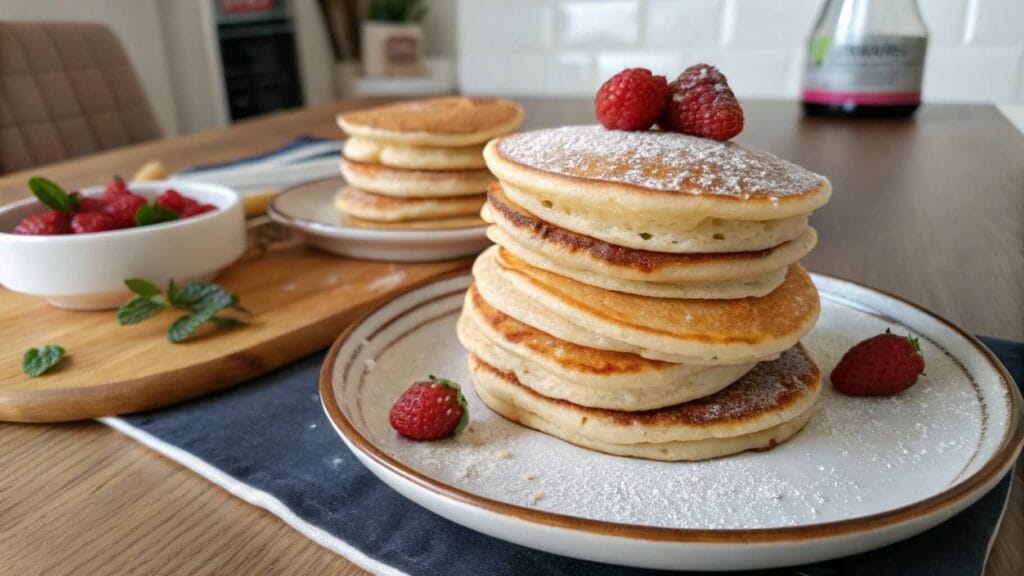 A stack of fluffy golden pancakes topped with butter and drizzled with maple syrup on a decorative plate, with a small bowl of blueberries in the background.