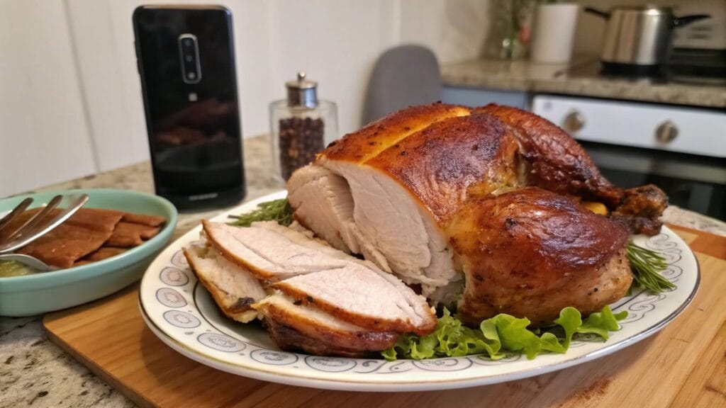 A golden-brown roasted chicken served on an oval decorative plate, garnished with fresh greens and sliced to reveal juicy, tender white meat. The plate is set on a kitchen counter with a stove and pot in the background.