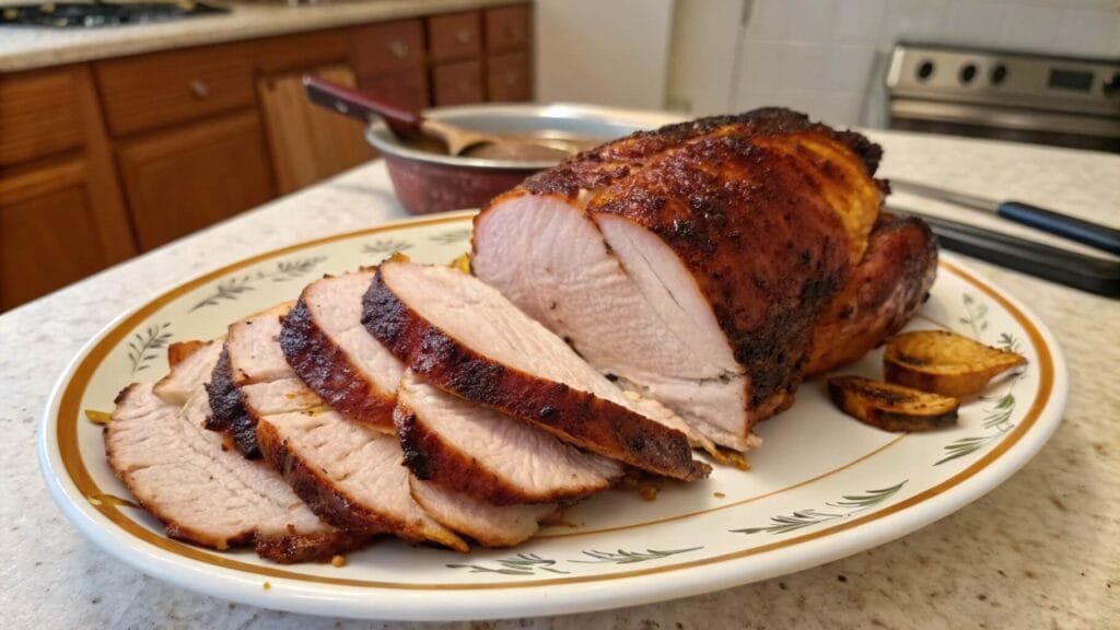 A golden-brown roasted chicken served on an oval decorative plate, garnished with fresh greens and sliced to reveal juicy, tender white meat. The plate is set on a kitchen counter with a stove and pot in the background.