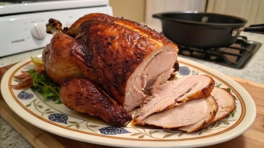 A golden-brown roasted chicken served on an oval decorative plate, garnished with fresh greens and sliced to reveal juicy, tender white meat. The plate is set on a kitchen counter with a stove and pot in the background.