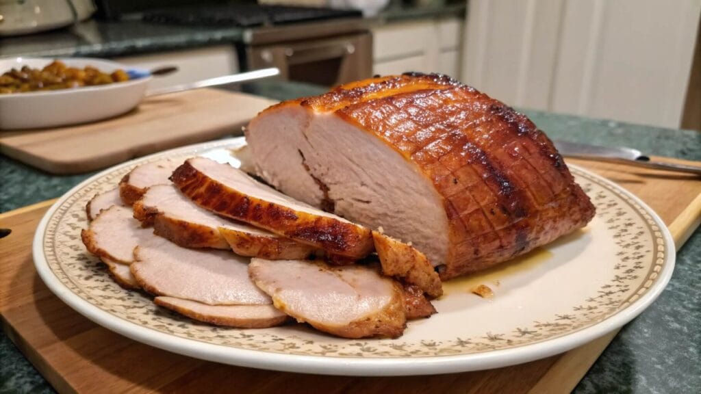 A golden-brown roasted chicken served on an oval decorative plate, garnished with fresh greens and sliced to reveal juicy, tender white meat. The plate is set on a kitchen counter with a stove and pot in the background.