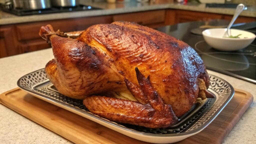 A golden-brown roasted chicken served on an oval decorative plate, garnished with fresh greens and sliced to reveal juicy, tender white meat. The plate is set on a kitchen counter with a stove and pot in the background.