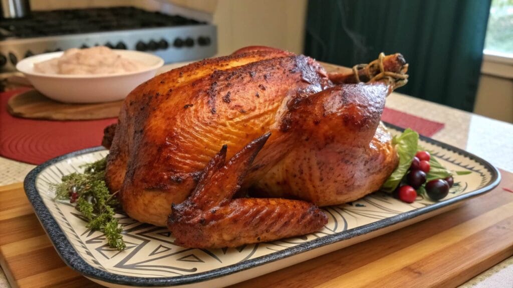 A golden-brown roasted chicken served on an oval decorative plate, garnished with fresh greens and sliced to reveal juicy, tender white meat. The plate is set on a kitchen counter with a stove and pot in the background.