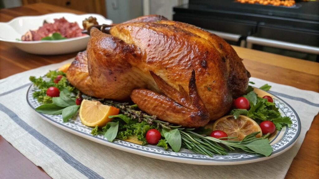 A golden-brown roasted chicken served on an oval decorative plate, garnished with fresh greens and sliced to reveal juicy, tender white meat. The plate is set on a kitchen counter with a stove and pot in the background.