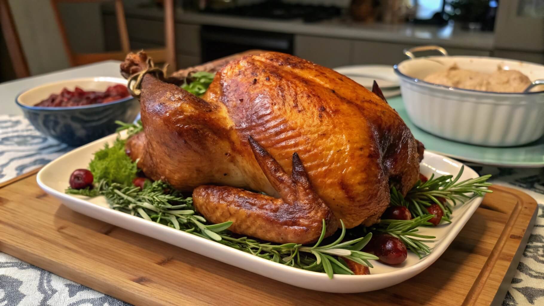 A golden-brown roasted chicken served on an oval decorative plate, garnished with fresh greens and sliced to reveal juicy, tender white meat. The plate is set on a kitchen counter with a stove and pot in the background.