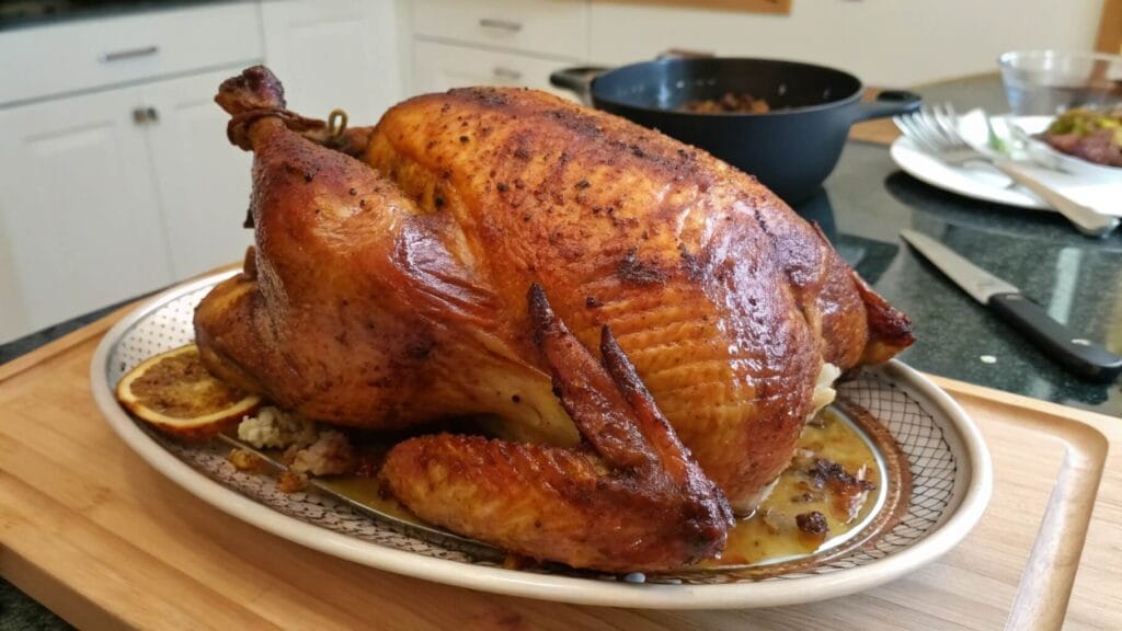 A golden-brown roasted chicken served on an oval decorative plate, garnished with fresh greens and sliced to reveal juicy, tender white meat. The plate is set on a kitchen counter with a stove and pot in the background.