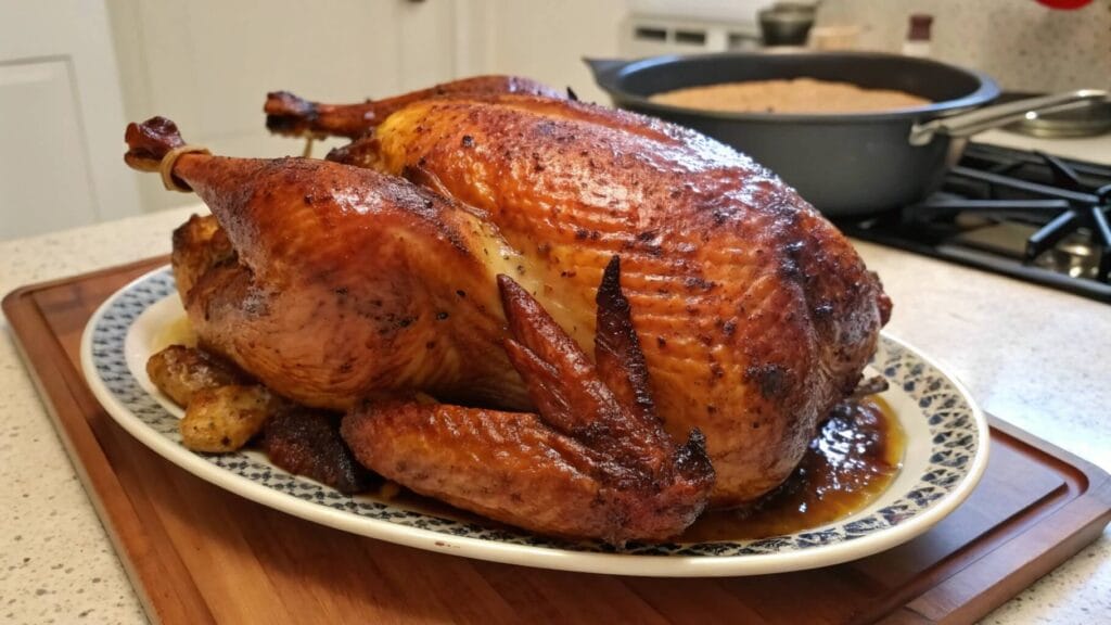 A golden-brown roasted chicken served on an oval decorative plate, garnished with fresh greens and sliced to reveal juicy, tender white meat. The plate is set on a kitchen counter with a stove and pot in the background.