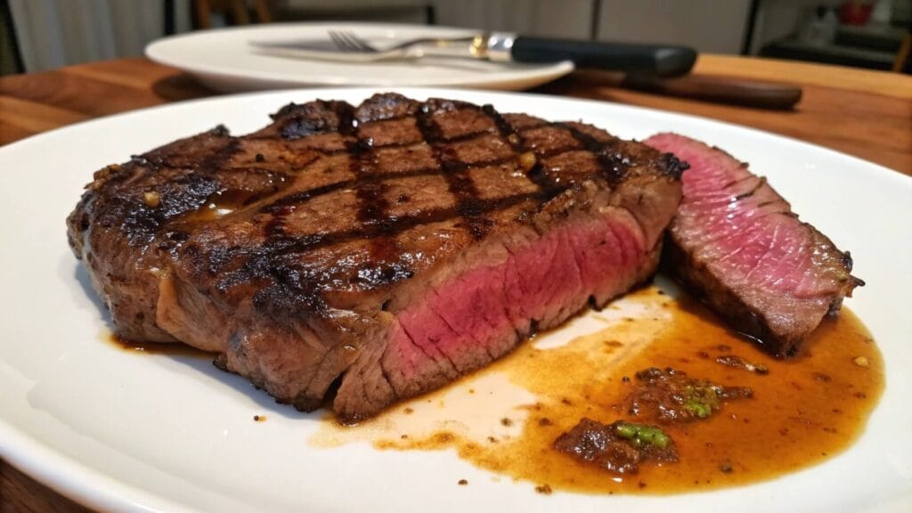 A perfectly cooked medium-rare steak on a wooden plate, with a few slices cut to reveal the pink, juicy interior. The steak has a charred, seared crust with grill marks, and a small bowl of sauce is visible in the background.