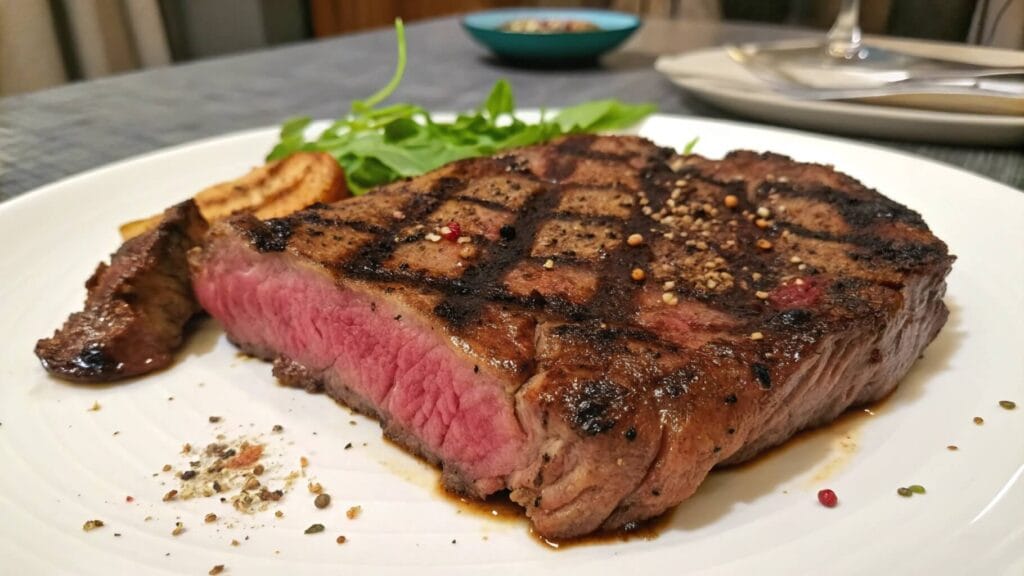 A perfectly cooked medium-rare steak on a wooden plate, with a few slices cut to reveal the pink, juicy interior. The steak has a charred, seared crust with grill marks, and a small bowl of sauce is visible in the background.