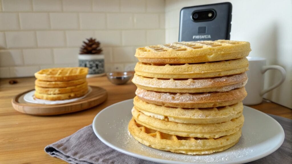 A stack of three golden brown, round waffles dusted with powdered sugar, placed on a wooden plate. A white ceramic jug and additional waffles on a cooling rack are visible in the background.