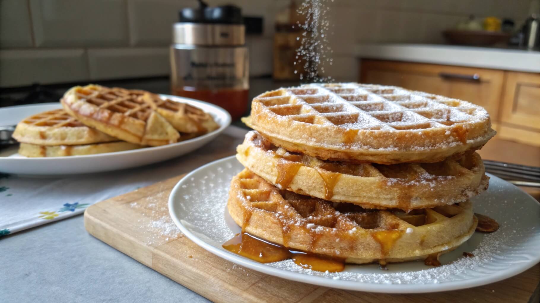 A stack of three golden brown, round waffles dusted with powdered sugar, placed on a wooden plate. A white ceramic jug and additional waffles on a cooling rack are visible in the background.