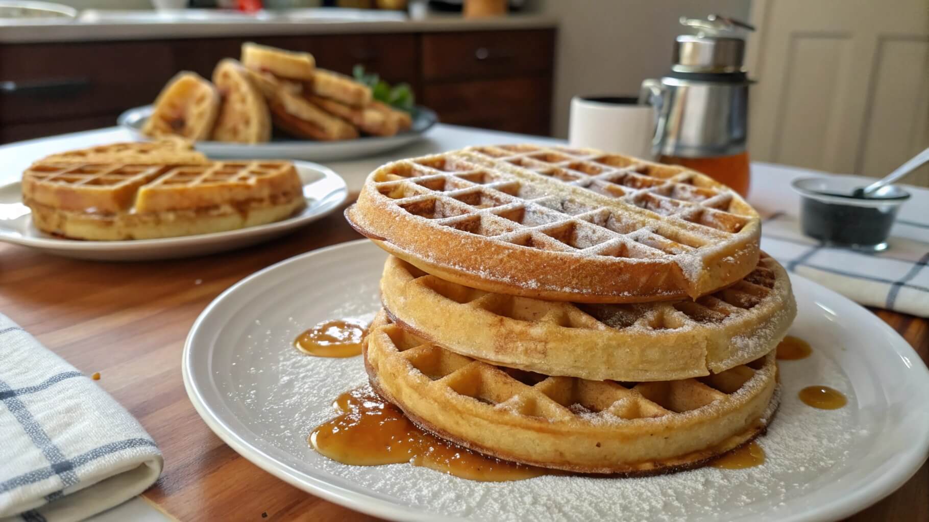 A stack of three golden brown, round waffles dusted with powdered sugar, placed on a wooden plate. A white ceramic jug and additional waffles on a cooling rack are visible in the background.