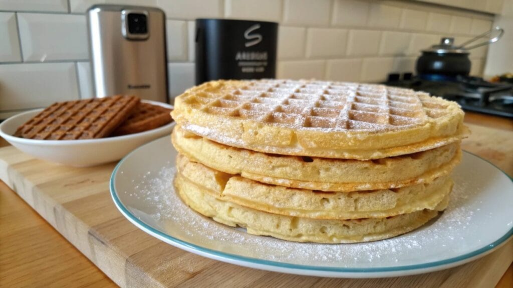 A stack of three golden brown, round waffles dusted with powdered sugar, placed on a wooden plate. A white ceramic jug and additional waffles on a cooling rack are visible in the background.