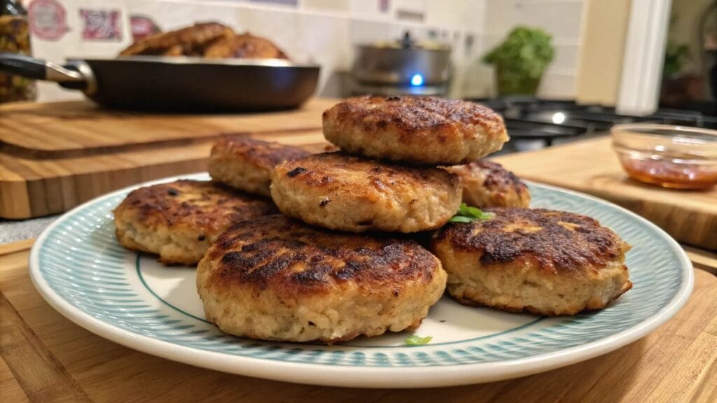 A plate of golden-brown, turkey sausage patties garnished with fresh parsley, set on a rustic wooden table with garlic, spices, and herbs in the background.