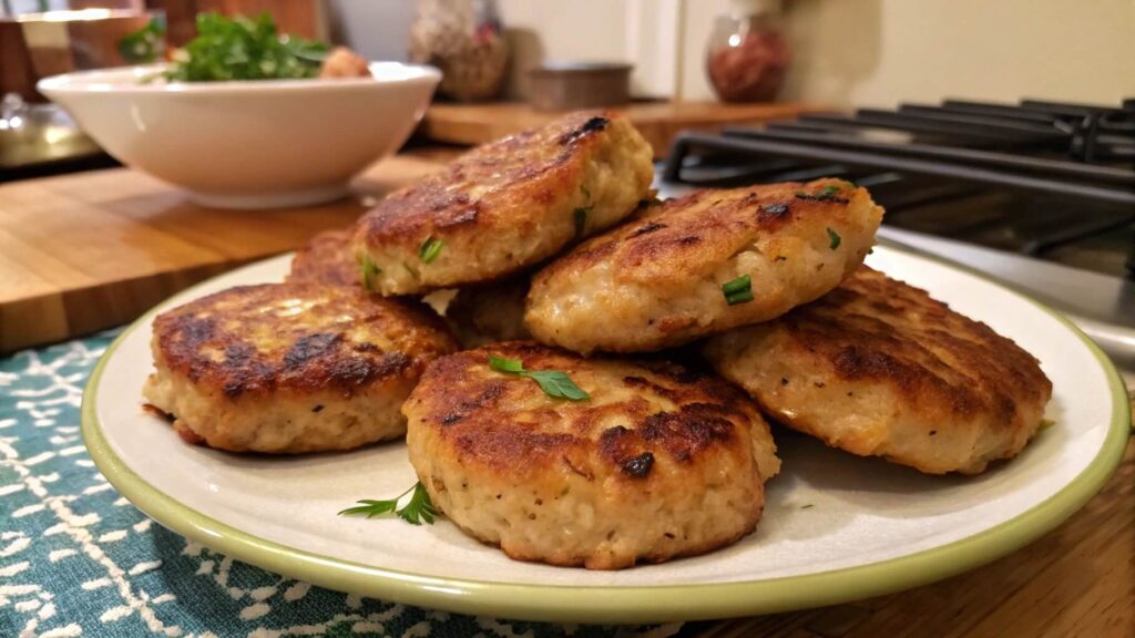 A plate of golden-brown, turkey sausage patties garnished with fresh parsley, set on a rustic wooden table with garlic, spices, and herbs in the background.