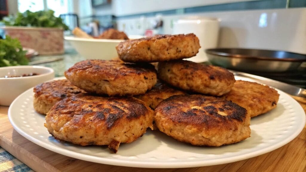 A plate of golden-brown, turkey sausage patties garnished with fresh parsley, set on a rustic wooden table with garlic, spices, and herbs in the background.