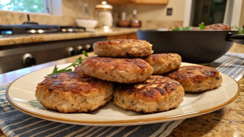 A plate of golden-brown, turkey sausage patties garnished with fresh parsley, set on a rustic wooden table with garlic, spices, and herbs in the background.