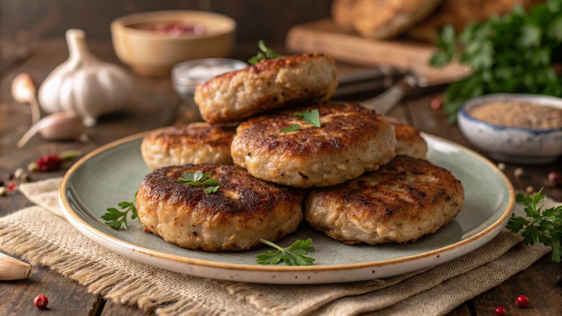 A plate of golden-brown, turkey sausage patties garnished with fresh parsley, set on a rustic wooden table with garlic, spices, and herbs in the background.