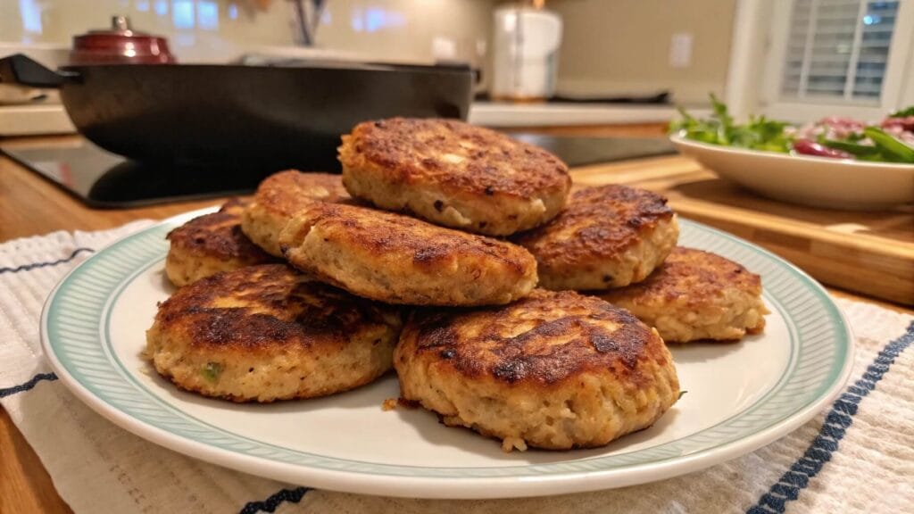 A plate of golden-brown, turkey sausage patties garnished with fresh parsley, set on a rustic wooden table with garlic, spices, and herbs in the background.