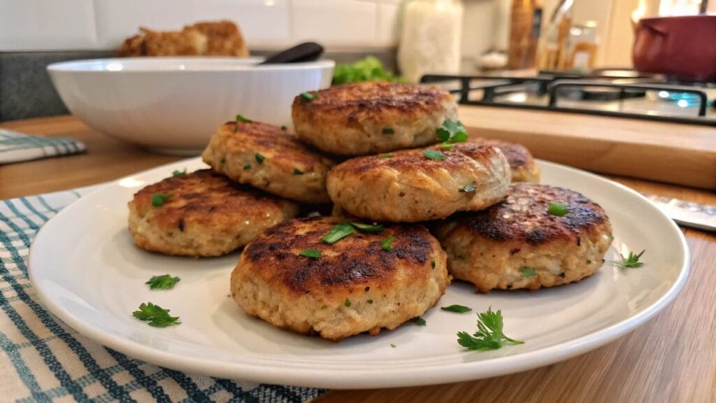 A plate of golden-brown, turkey sausage patties garnished with fresh parsley, set on a rustic wooden table with garlic, spices, and herbs in the background.