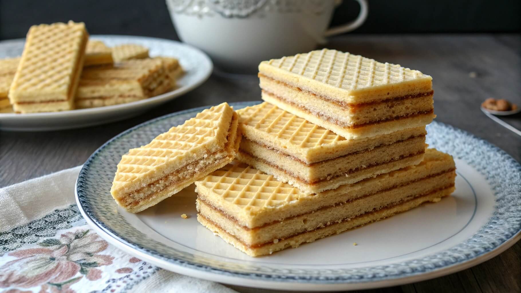 A close-up of layered wafer cookies with a light, golden-brown color, neatly stacked on a decorative plate. The wafers have a crisp texture with visible cream layers in between. A second plate of wafers and a cup in the background complete the cozy setting.