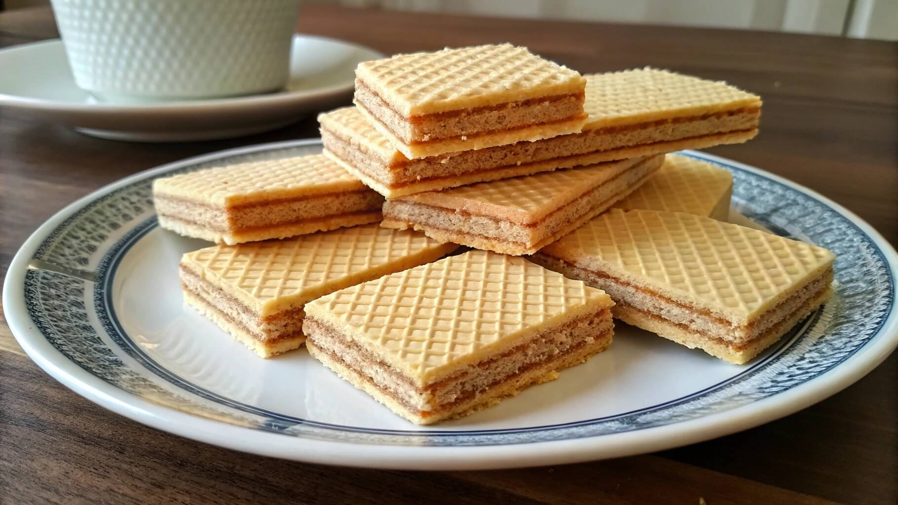 A close-up of layered wafer cookies with a light, golden-brown color, neatly stacked on a decorative plate. The wafers have a crisp texture with visible cream layers in between. A second plate of wafers and a cup in the background complete the cozy setting.