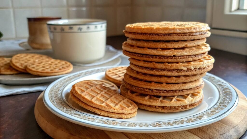 A close-up of layered wafer cookies with a light, golden-brown color, neatly stacked on a decorative plate. The wafers have a crisp texture with visible cream layers in between. A second plate of wafers and a cup in the background complete the cozy setting.