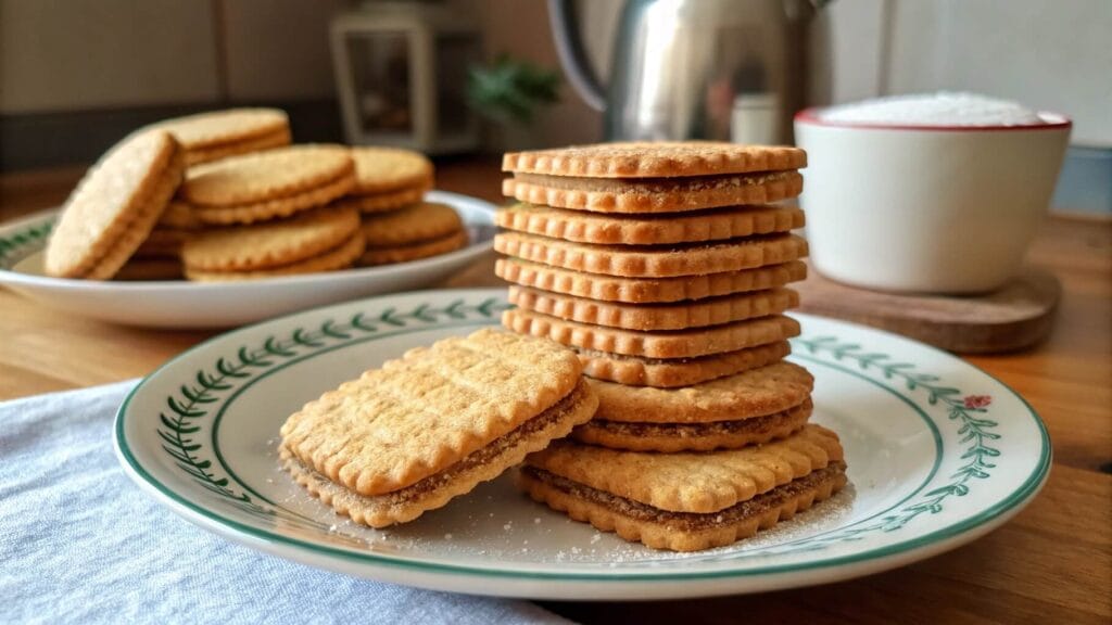 A close-up of layered wafer cookies with a light, golden-brown color, neatly stacked on a decorative plate. The wafers have a crisp texture with visible cream layers in between. A second plate of wafers and a cup in the background complete the cozy setting.