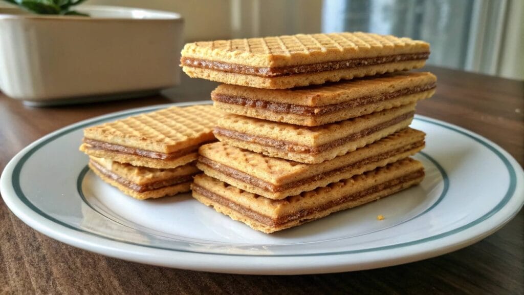 A close-up of layered wafer cookies with a light, golden-brown color, neatly stacked on a decorative plate. The wafers have a crisp texture with visible cream layers in between. A second plate of wafers and a cup in the background complete the cozy setting.