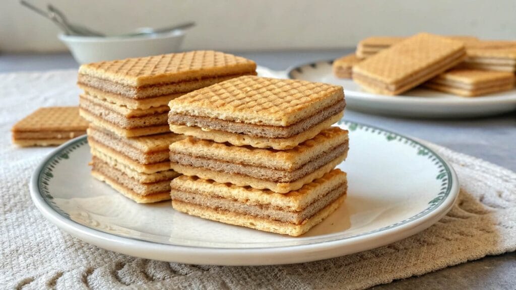 A close-up of layered wafer cookies with a light, golden-brown color, neatly stacked on a decorative plate. The wafers have a crisp texture with visible cream layers in between. A second plate of wafers and a cup in the background complete the cozy setting.