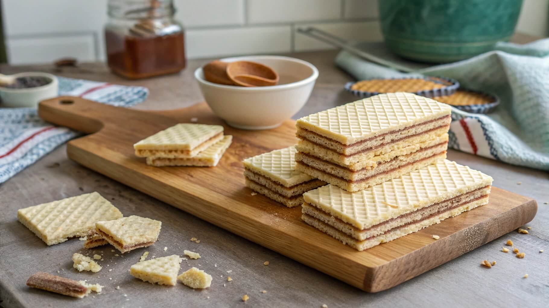 A close-up of layered wafer cookies with a light, golden-brown color, neatly stacked on a decorative plate. The wafers have a crisp texture with visible cream layers in between. A second plate of wafers and a cup in the background complete the cozy setting.