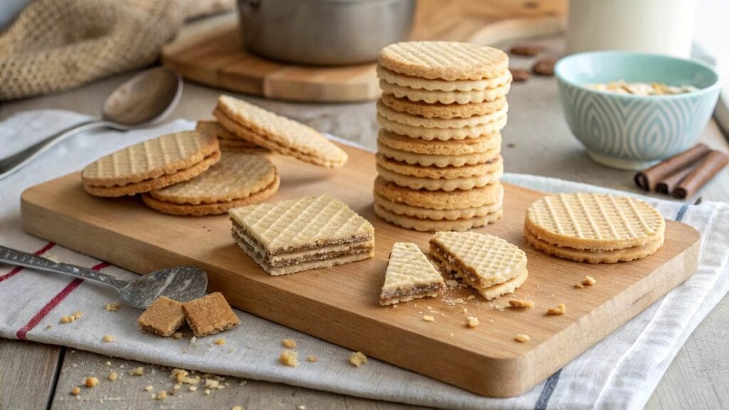 A close-up of layered wafer cookies with a light, golden-brown color, neatly stacked on a decorative plate. The wafers have a crisp texture with visible cream layers in between. A second plate of wafers and a cup in the background complete the cozy setting.