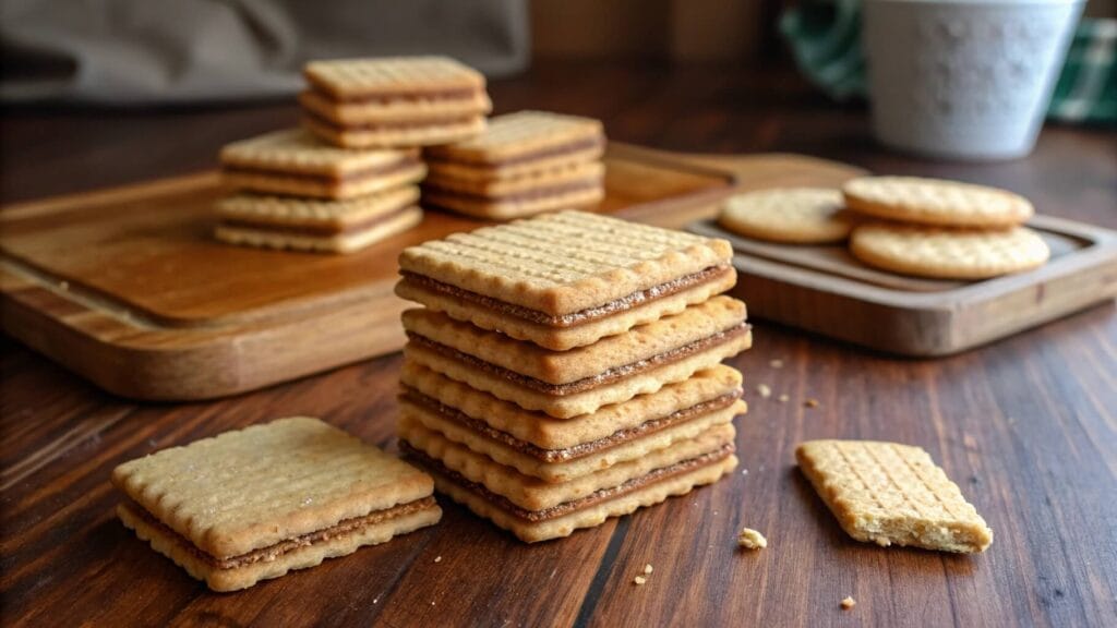 A close-up of layered wafer cookies with a light, golden-brown color, neatly stacked on a decorative plate. The wafers have a crisp texture with visible cream layers in between. A second plate of wafers and a cup in the background complete the cozy setting.