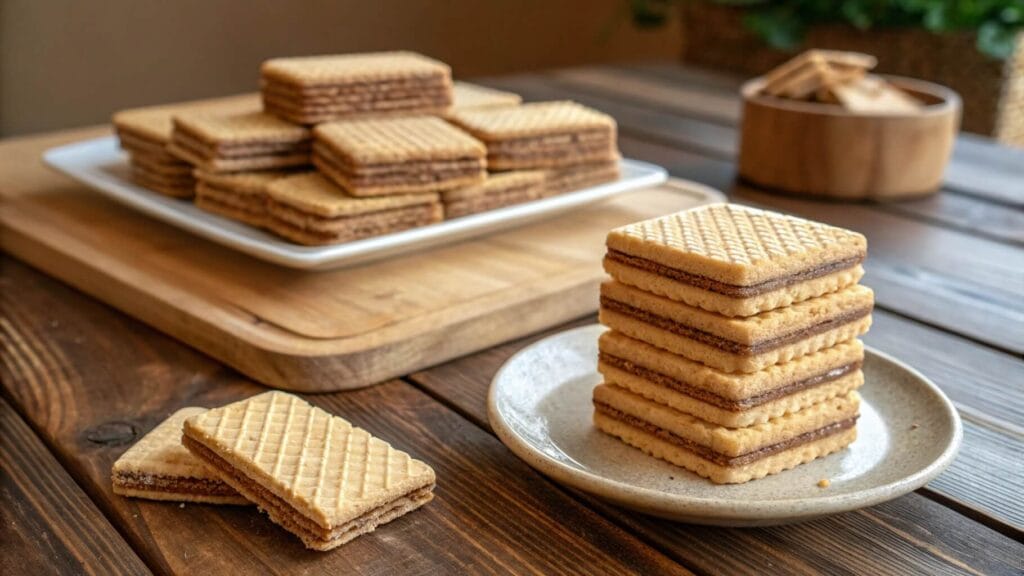 A close-up of layered wafer cookies with a light, golden-brown color, neatly stacked on a decorative plate. The wafers have a crisp texture with visible cream layers in between. A second plate of wafers and a cup in the background complete the cozy setting.