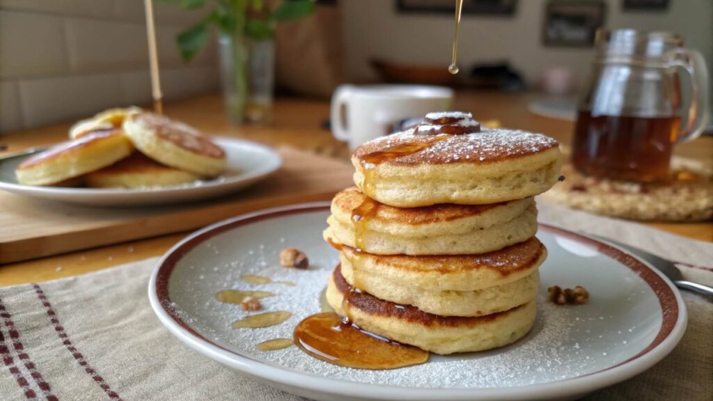 A stack of fluffy golden pancakes topped with butter and drizzled with maple syrup on a decorative plate, with a small bowl of blueberries in the background.