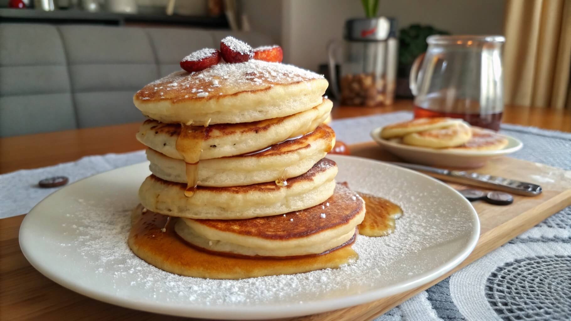 A stack of fluffy golden pancakes topped with butter and drizzled with maple syrup on a decorative plate, with a small bowl of blueberries in the background.