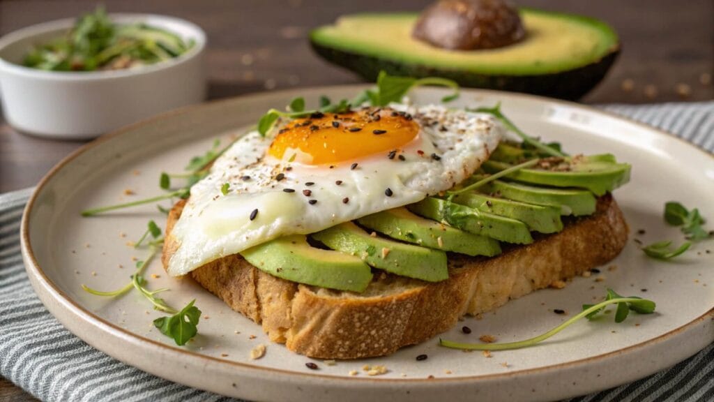 A close-up of avocado toast topped with a sunny-side-up egg on a white plate. The toast is garnished with black pepper and tiny greens. In the background, a halved avocado and silverware rest on a striped napkin.