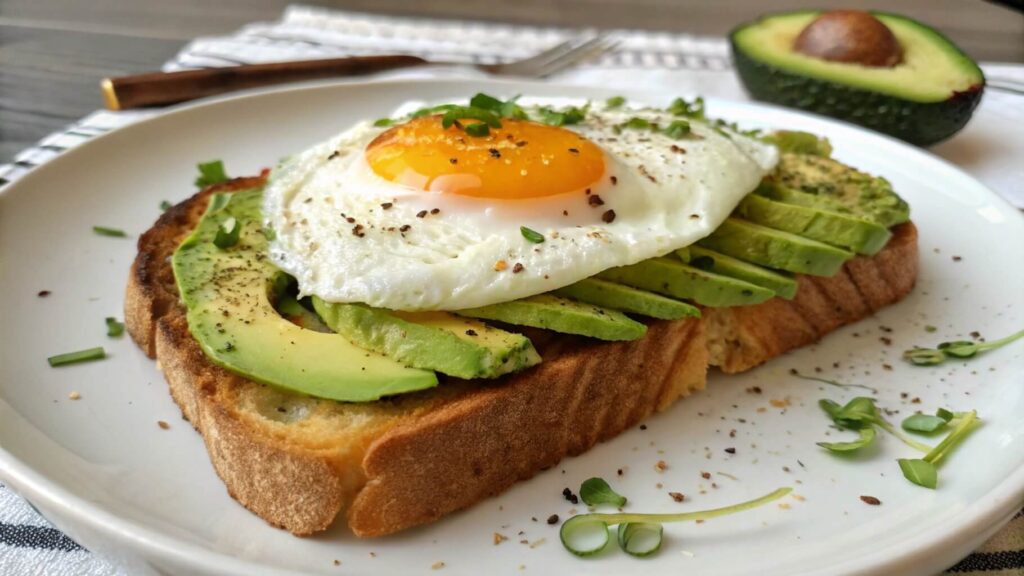 A close-up of avocado toast topped with a sunny-side-up egg on a white plate. The toast is garnished with black pepper and tiny greens. In the background, a halved avocado and silverware rest on a striped napkin.