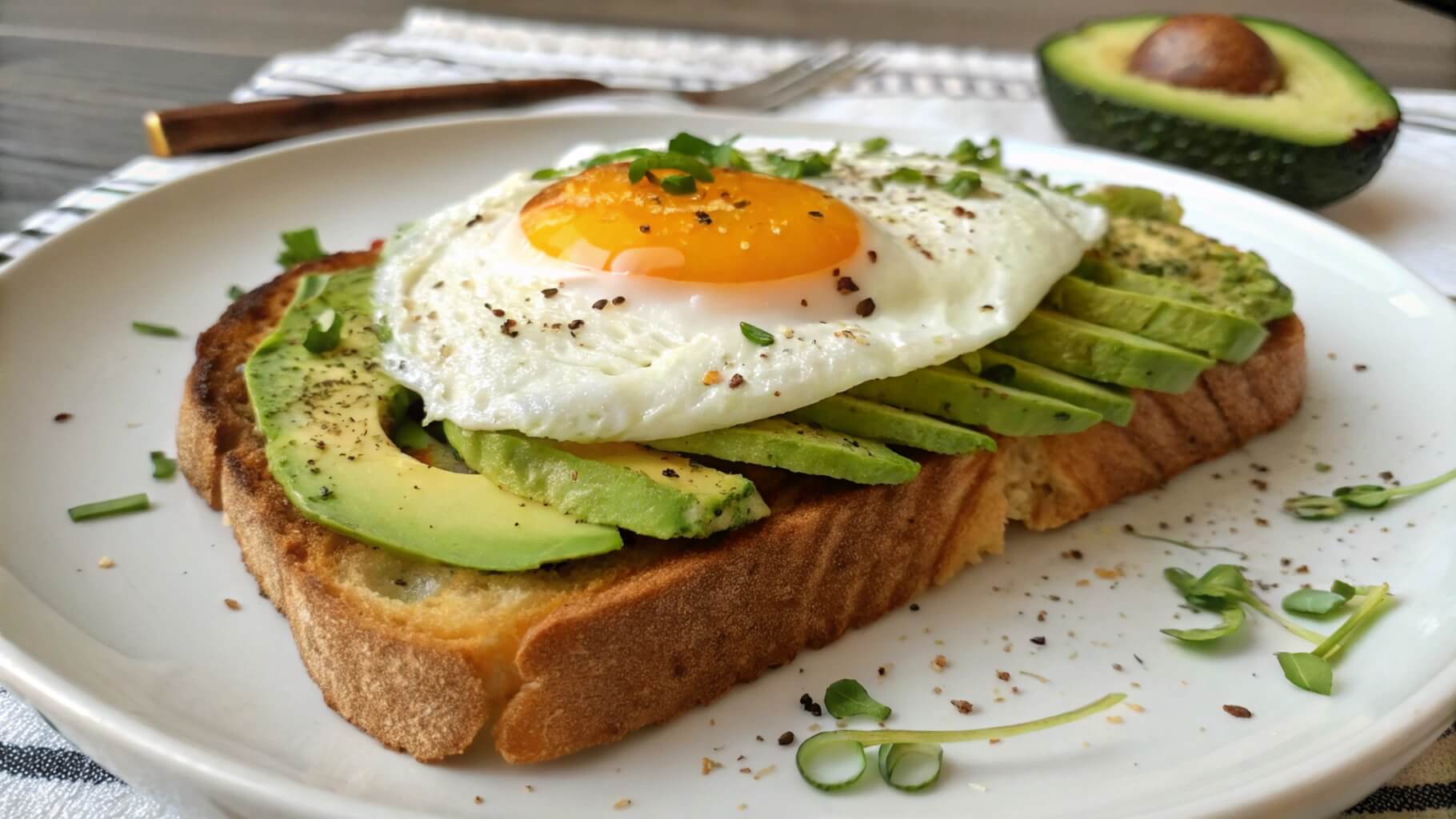 A close-up of avocado toast topped with a sunny-side-up egg on a white plate. The toast is garnished with black pepper and tiny greens. In the background, a halved avocado and silverware rest on a striped napkin.