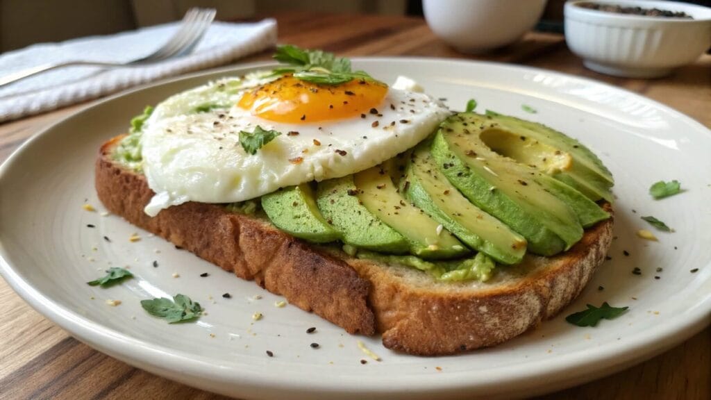 A close-up of avocado toast topped with a sunny-side-up egg on a white plate. The toast is garnished with black pepper and tiny greens. In the background, a halved avocado and silverware rest on a striped napkin.