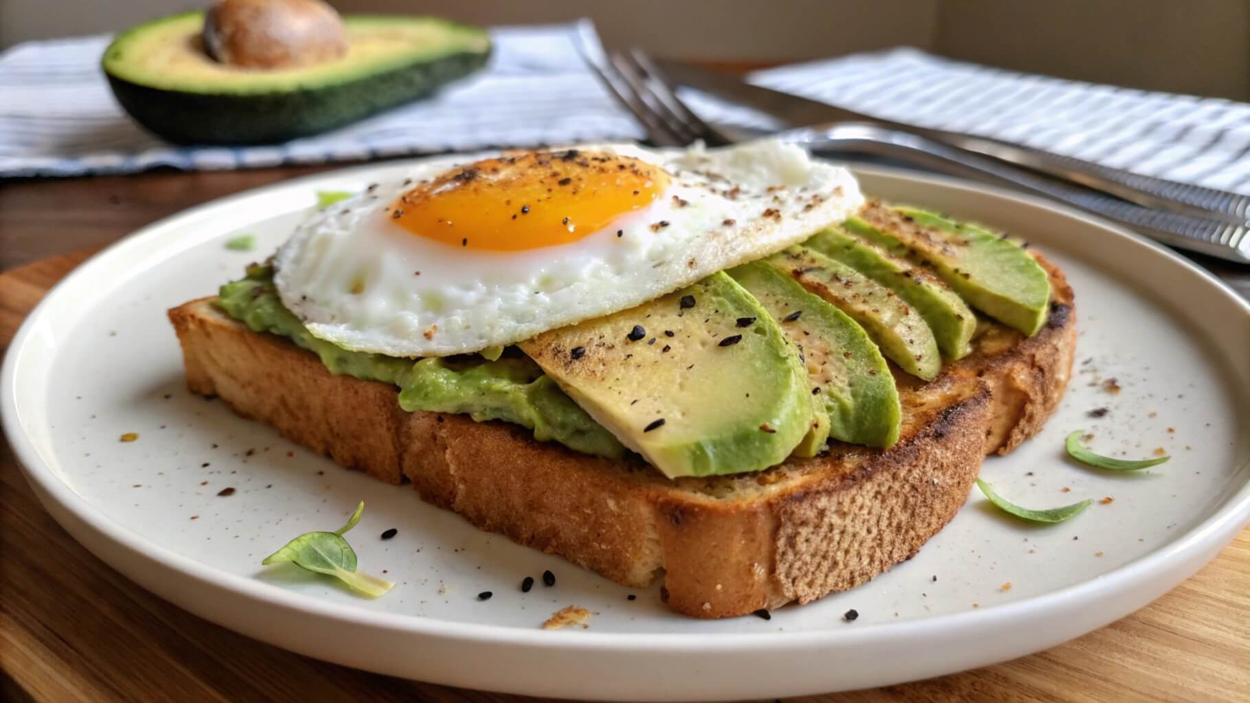 A close-up of avocado toast topped with a sunny-side-up egg on a white plate. The toast is garnished with black pepper and tiny greens. In the background, a halved avocado and silverware rest on a striped napkin.